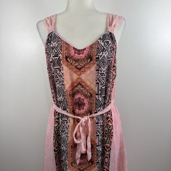 New Directions New Printed Slip Dress Medium Handkerchief Hem Belted Bohemian - Picture 3 of 10